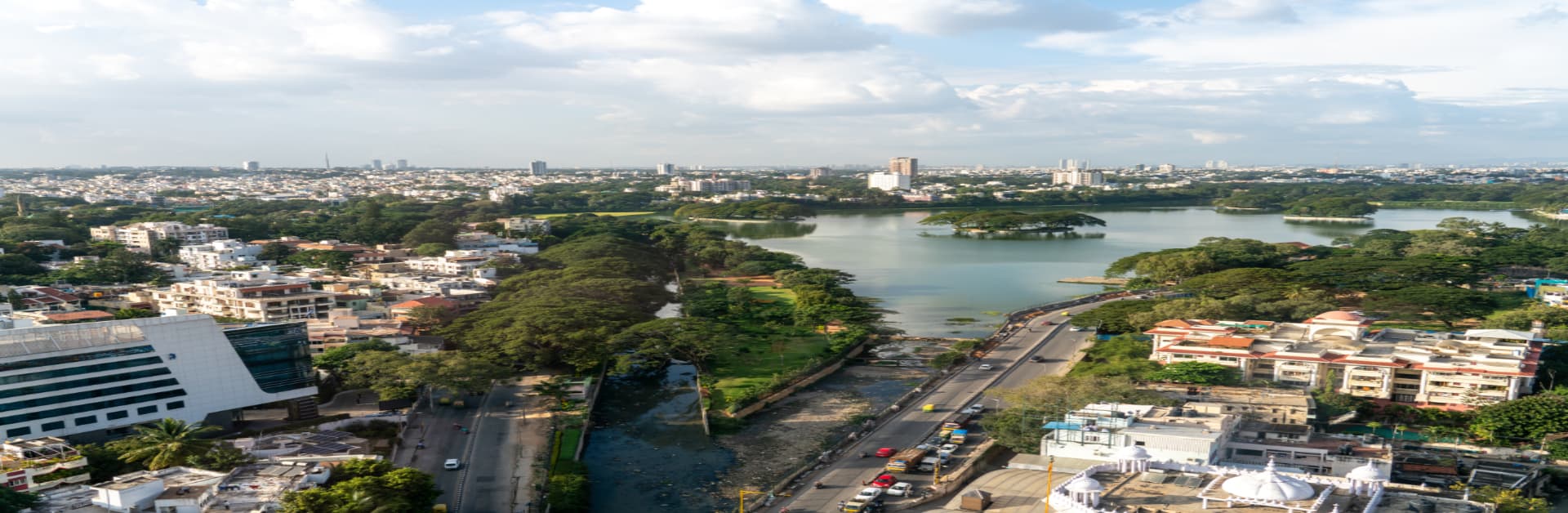 aerial shot of Yelahanka Bangalore city with live traffic and lake