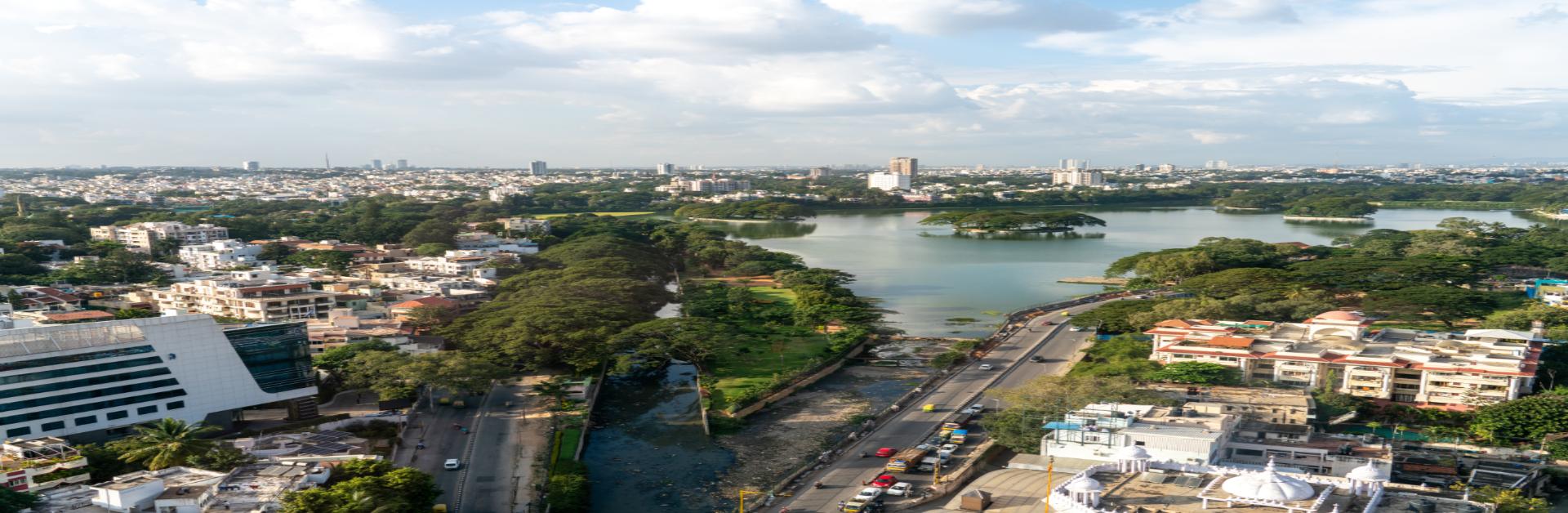 aerial shot of Yelahanka Bangalore city with live traffic and lake
