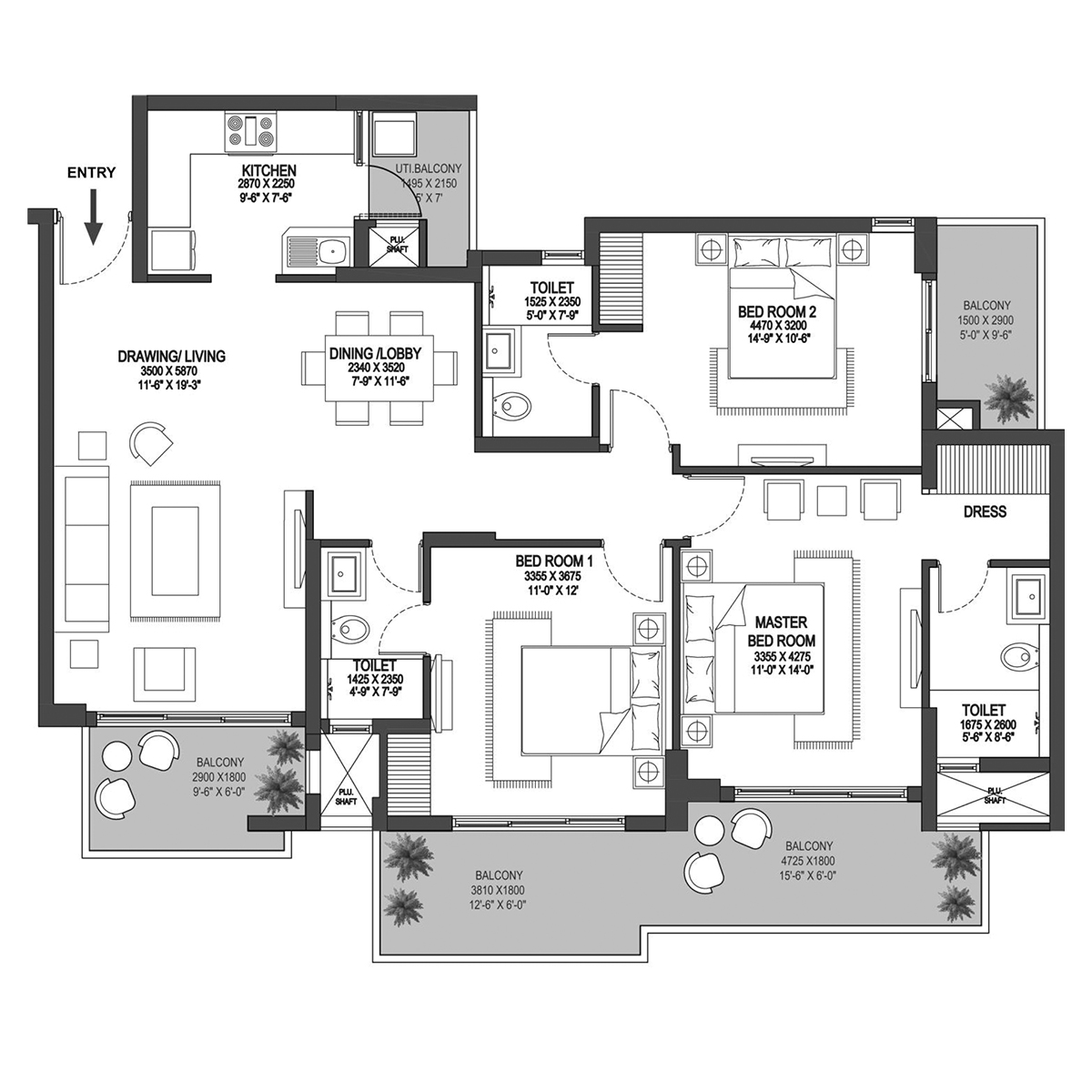 Type-A 3 BHK
