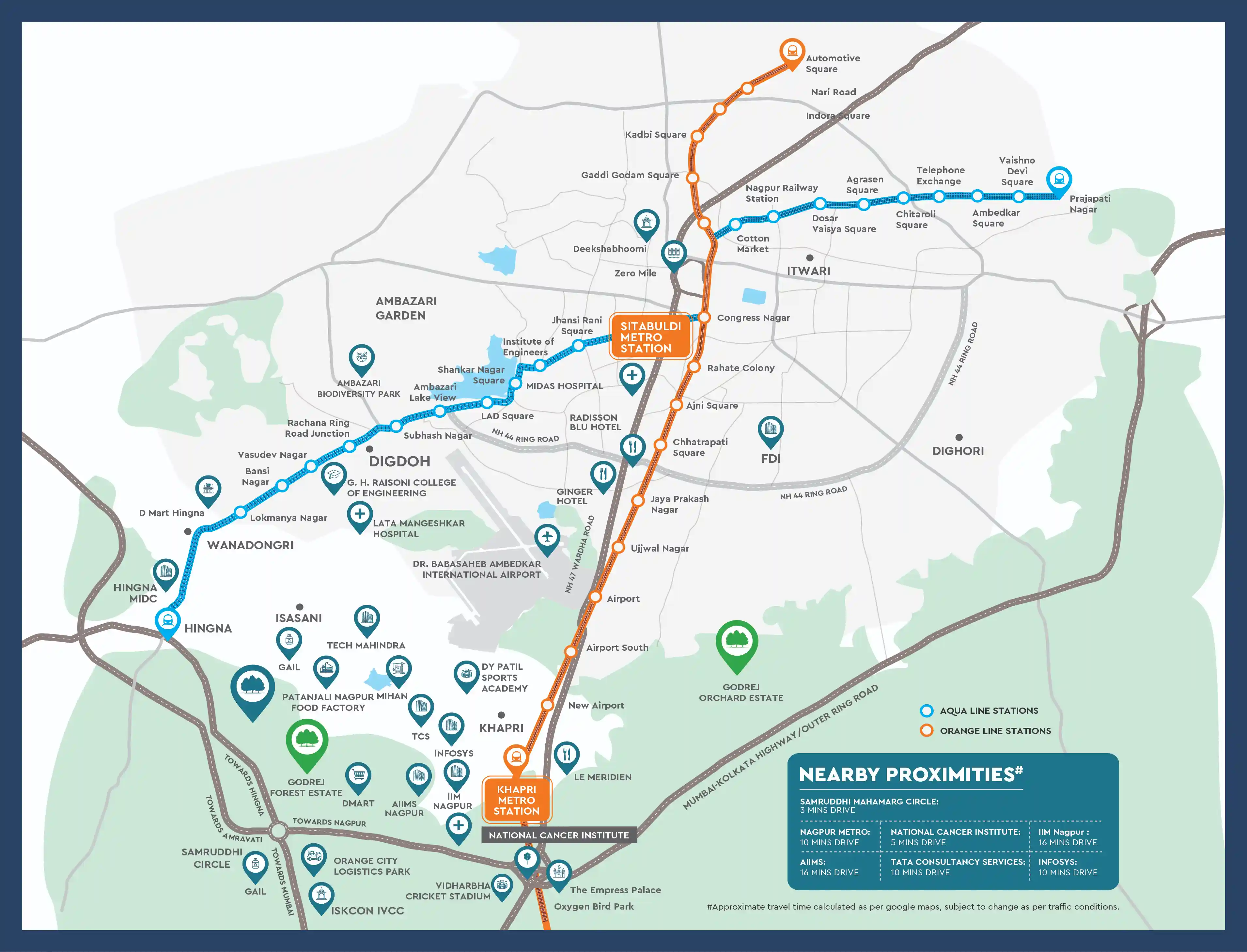 Nagpur connectivity map with metro lines and nearby landmarks